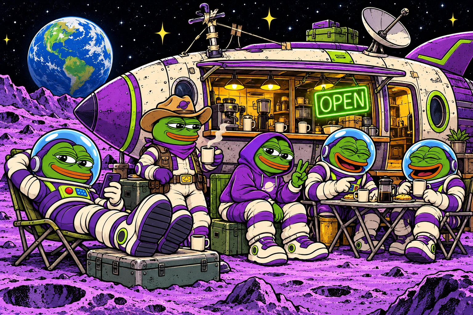 The Space Pepe crew hanging out at their homemade rocket diner on the moon