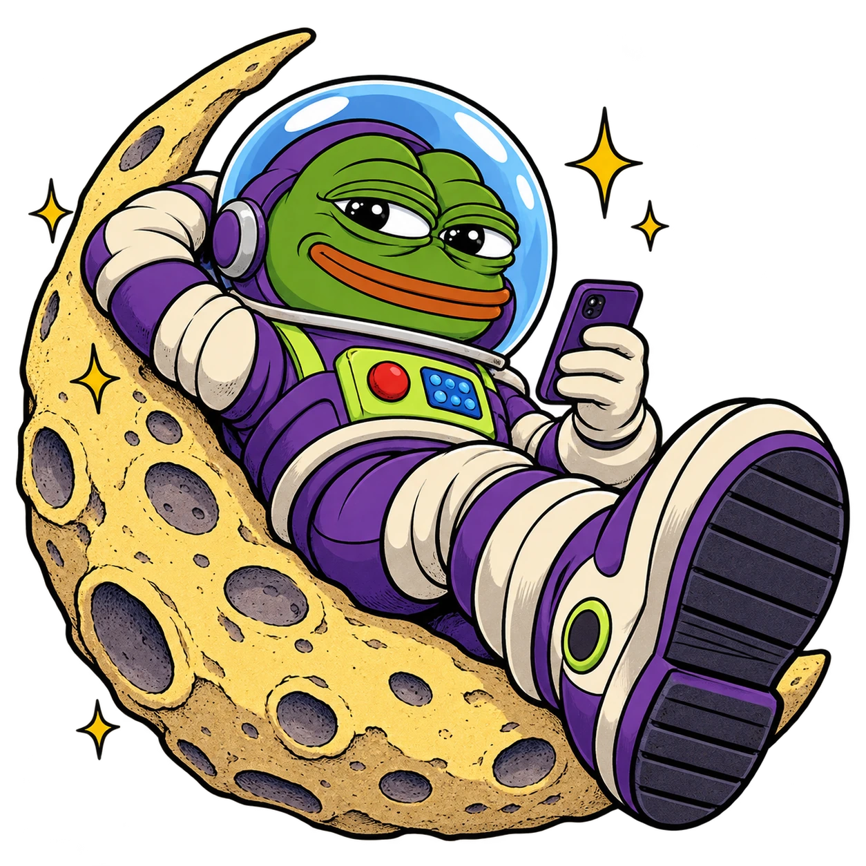 Space Pepe reclining on a crescent moon, boots up and phone in hand